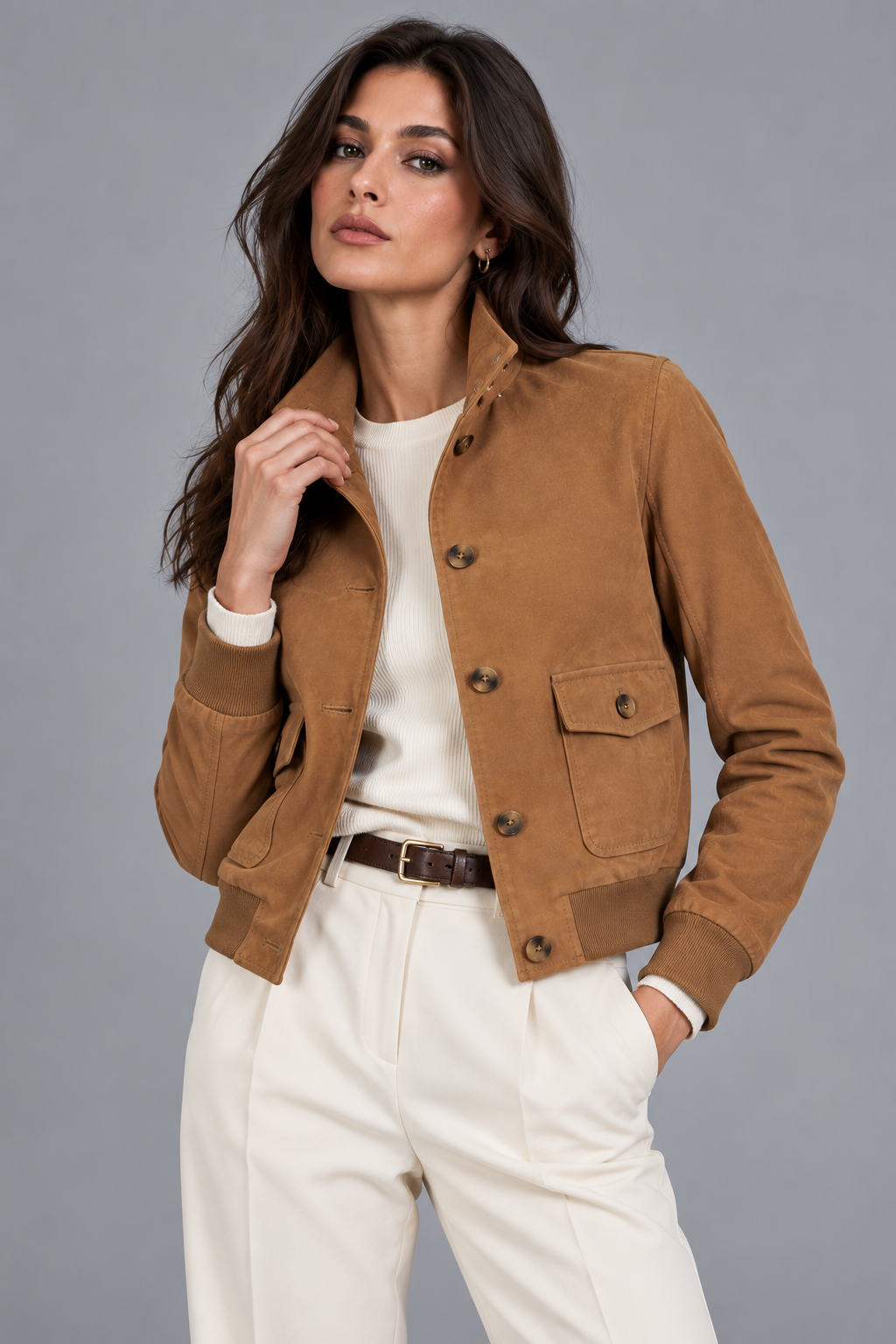 Bomber in pelle camoscio con bottoni"Fatima" - beige